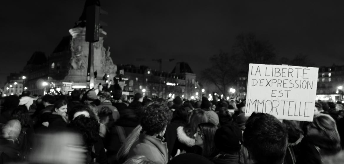 Demonstration nach dem Attentant auf Charlie Hebdo in Paris: "Freie Meinungsäußerung ist unsterblich", ist auf dem Plakat zu lesen. Foto: Petit Louis (Flickr, CC BY 2.0) 