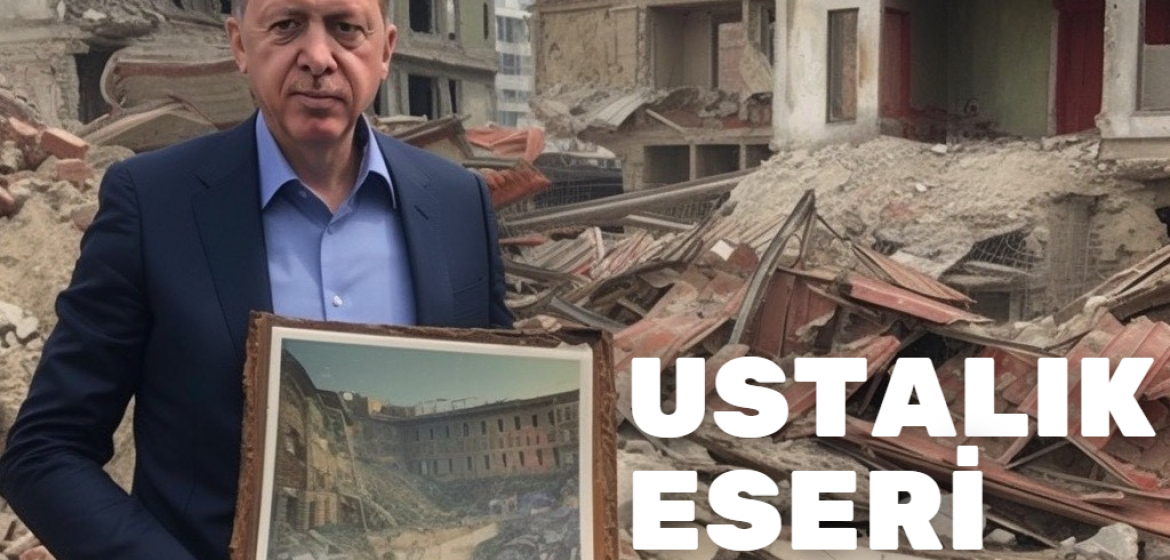 „Meisterwerk“ - KI macht's möglich: Recep Tayyip Erdoğan steht vor den Trümmern des Erdbebens, seinem „Ustalık Eseri“, seinem Meisterwerk. Grafik: KI, ausgestellt im Berliner Mauerpark 2023