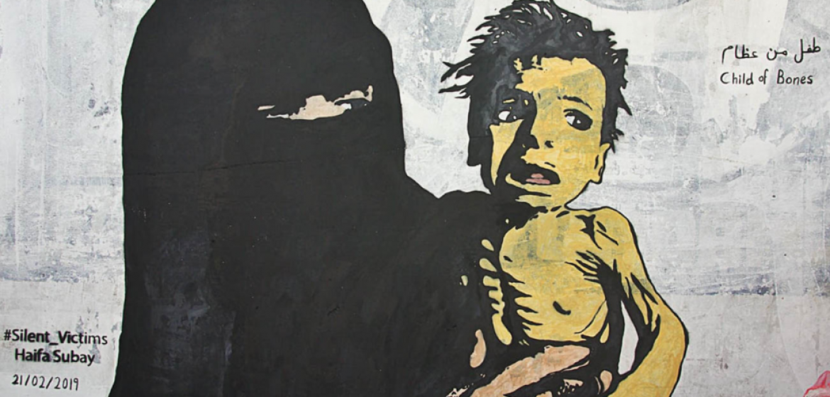 Haifa Subays jüngstes Wandgemälde trägt den Titel „Knochenkind“. - Eine Anklage an die Kriegsparteien im Jemen und die durch sie verursachte Hungersnot. Credit: Haifa Subay, Instagram 