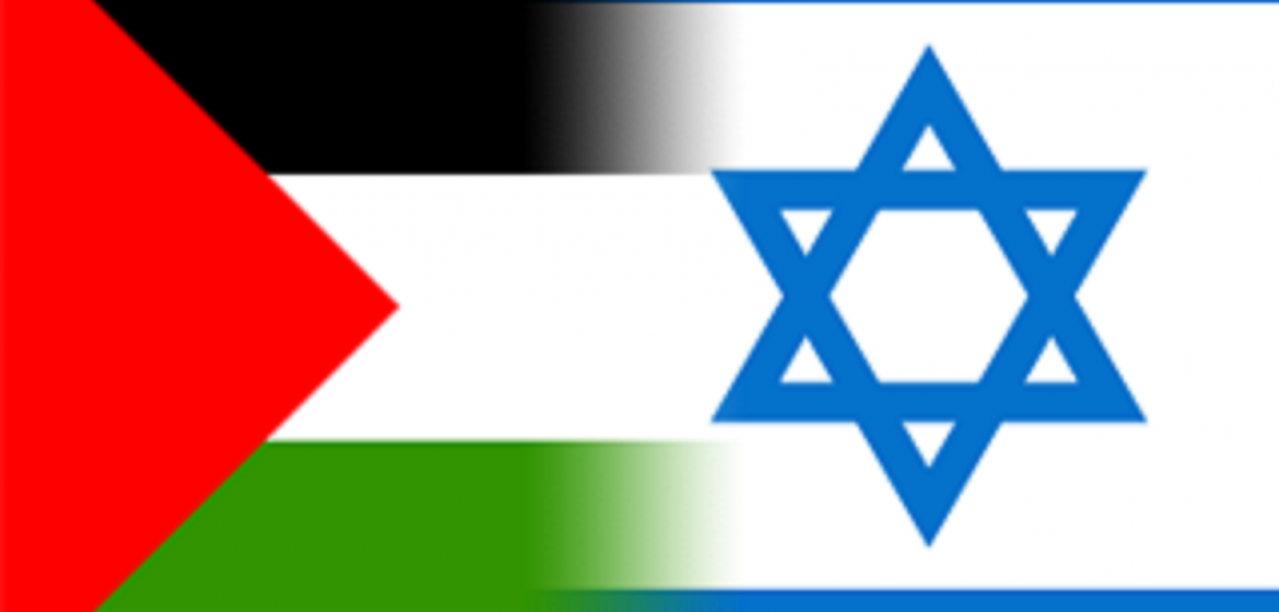 A Palestinian and an Israeli flag. Image: Yellowblood/Wikicommons (Public Doma Quelle: https://commons.wikimedia.org/wiki/File:Israel_Palestine_Flag.png)