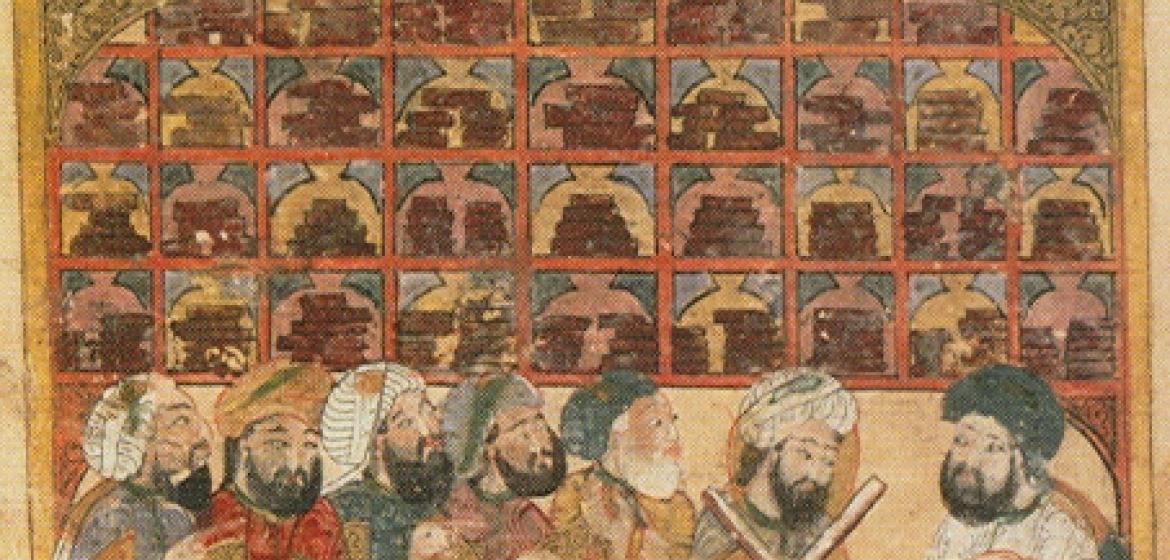 Ein Bild des Miniaturmalers Yaha al-Wasiti aus dem 13. Jahrhundert zeigt eine Bibliothek mit Studenten und ihrem Lehrer. Wikimedia Commons: https://commons.wikimedia.org/wiki/File:Maqamat_hariri.jpg