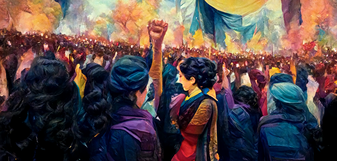 Sowohl die feministische, als auch die kurdische Perspektive sind bei den aktuellen Protesten in Iran zentral. Illustration: Claire DT/KI