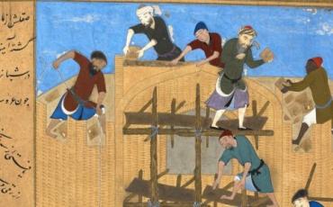 Der Bau des Forts von Karnaq (Ausschnitt, siehe Vollbild unten), vermutlich in al-Hira. Künstler: Kamal ud-din Behzad, ca. 1494-95. By WikiCommons (https://commons.wikimedia.org/wiki/File:Kamal-ud-din_Bihzad_001.jpg)