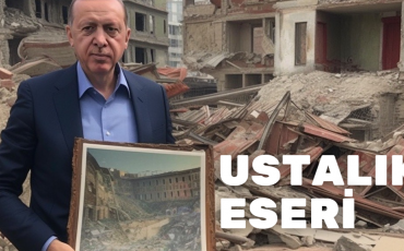 „Meisterwerk“ - KI macht's möglich: Recep Tayyip Erdoğan steht vor den Trümmern des Erdbebens, seinem „Ustalık Eseri“, seinem Meisterwerk. Grafik: KI, ausgestellt im Berliner Mauerpark 2023