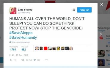 Lina Shamy lebt in Aleppo. Sie appelliert dafür, gegen die Verbrechen des Assad-Regimes in ihrer Stadt zu protestieren. Screenshot: Alsharq.