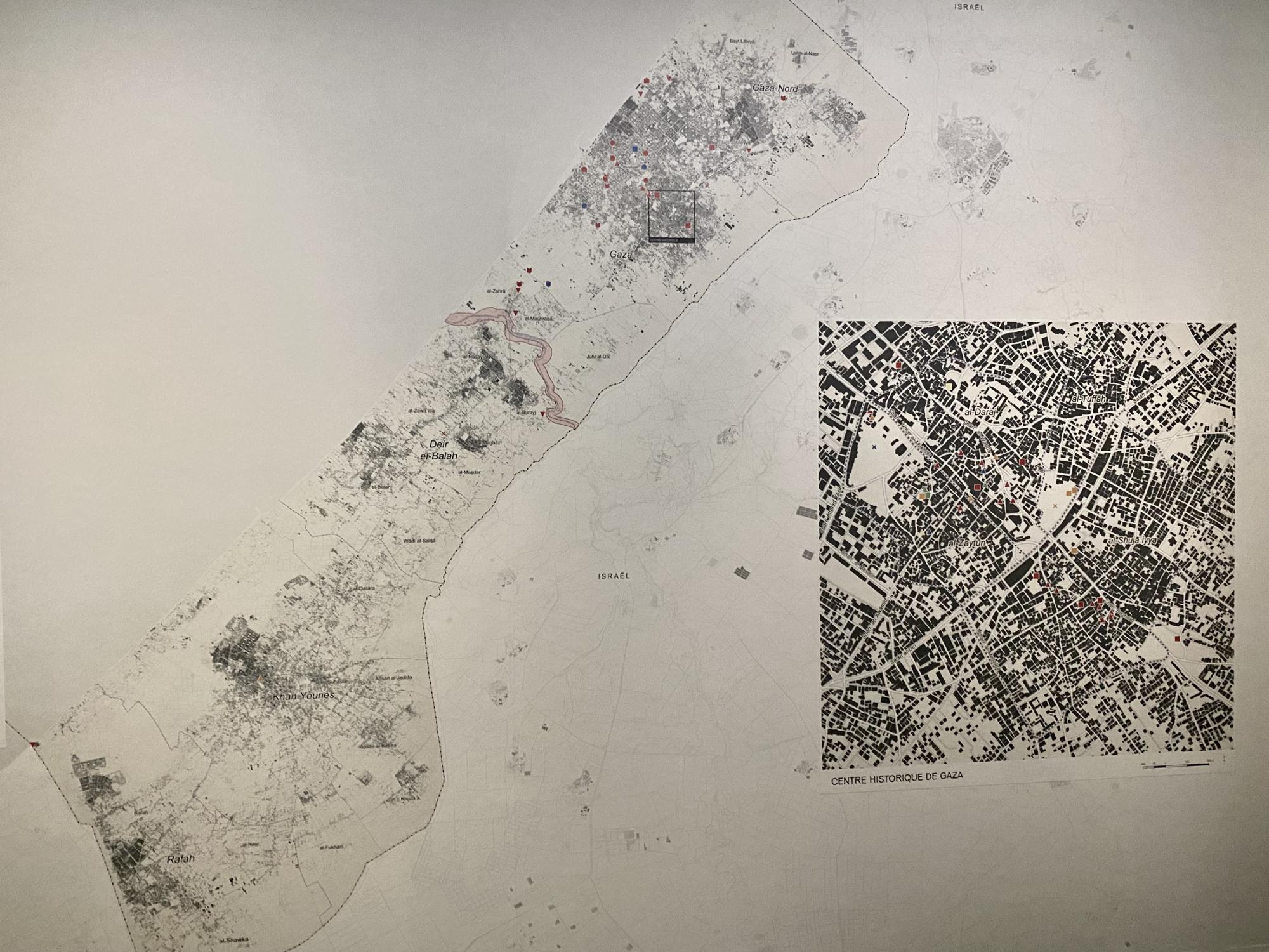 Karte kennzeichnet die geschädigten und zerstörten historische und archälogische Stätte im Gaza-Streifen. Foto: Claire DT/IMA