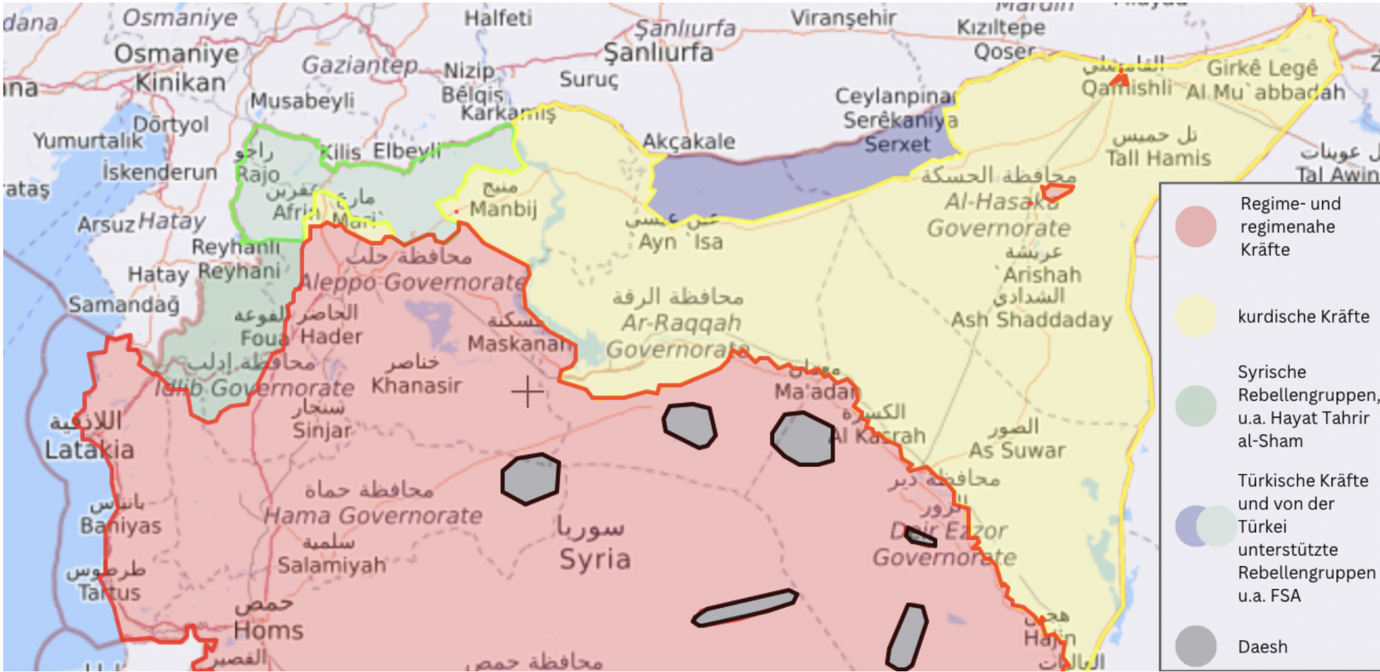 Karte von Nordsyrien. Welche Streitkräfte kontrollieren welche Gebiete? Stand 15.02.2023. Quelle: Liveuamap, https://syria.liveuamap.‹⁄‹com