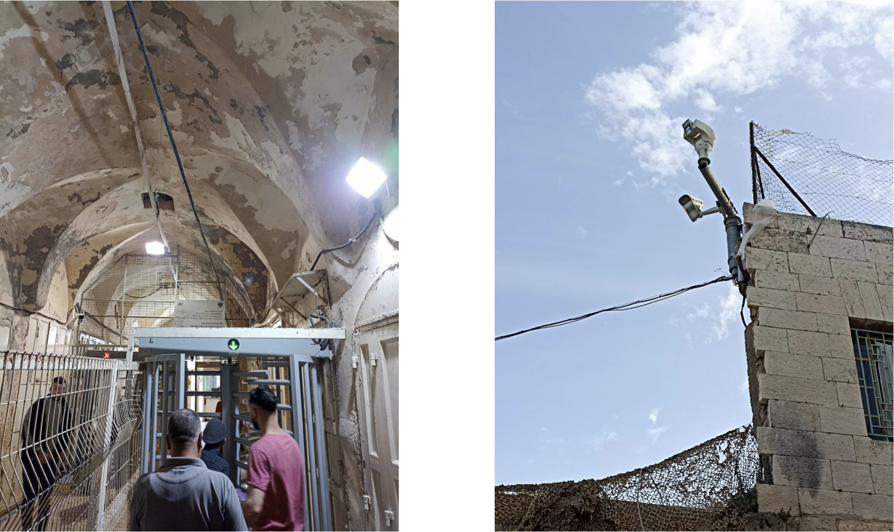 Foto links: Checkpoint, durch den die Palästinenser:innen der H2-Zone täglich gehen müssen. Foto rechts: eine der vielen israelischen Überwachungskameras an Gebäuden in der H2-Zone. Fotos: Izzat Karaki
